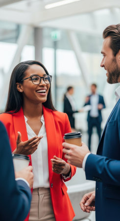Two business professionals share a friendly conversation while holding coffee cups. They are dressed in business attire and surrounded by a vibrant office atmosphere filled with colleagues.の素材