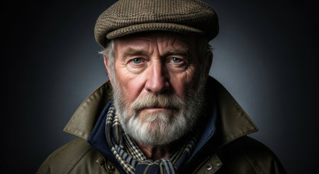 An older man with a gray beard and deep blue eyes looks directly at the viewer, wearing a flat cap and a green jacket. The studio's soft lighting highlights his features.の素材