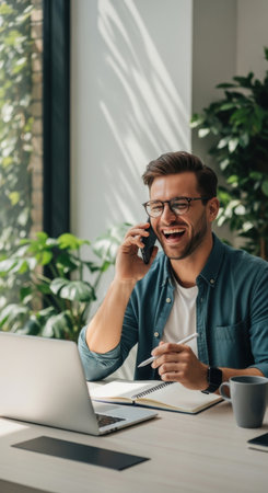 A young man smiles widely while talking on the phone, seated at a desk with a laptop, notebook, and coffee cup. Sunlight filters through plants, creating a vibrant workspace.の素材
