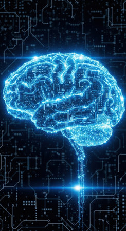 A glowing neon blue brain is shown with intricate digital circuits against a dark background. The scene symbolizes the fusion of technology and intelligence in modern society.の素材