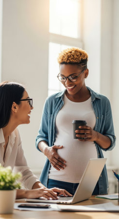 A pregnant woman smiles while talking to her friend in a bright, modern office. She holds a cup of coffee and looks happy as they chat and work together on a laptop.の素材