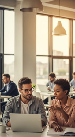 Two colleagues engage in a lively conversation while working on a laptop in a modern coworking space. The atmosphere is bright, filled with natural light.の素材