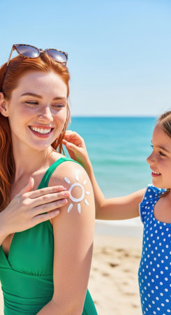 A woman in a green swimsuit and her daughter in a blue polka dot swimsuit enjoy a sunny beach day while applying sunscreen together, ensuring skin protection.の素材
