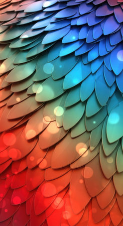 Vivid layers of scales in blue, green, and red form an eye-catching design. Soft light adds a magical quality, creating a dynamic atmosphere perfect for a creative project.の素材