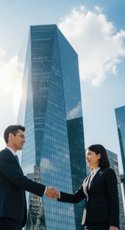 Two professionals in formal attire are completing a handshake near tall glass buildings. It is a bright, sunny day, emphasizing an atmosphere of collaboration and success.の素材