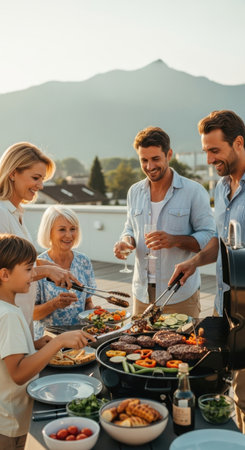 A group of friends and family gathers on a rooftop for a barbecue. They grill vegetables and meat while sharing laughter and drinks against a scenic mountain backdrop.の素材