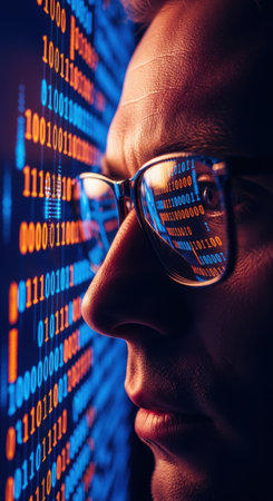 A man stands in front of a vibrant digital screen filled with binary code. His glasses reflect the numbers, highlighting his intense focus on the data displayed.の素材