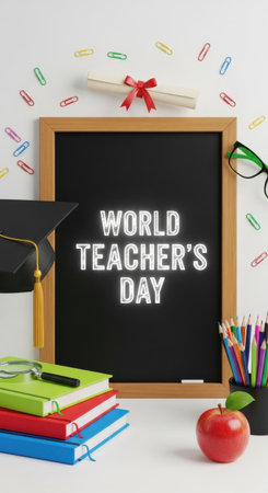Colorful classroom display for World Teacher's Day features a blackboard with a message, books, an apple, and decorative items celebrating educators.の素材