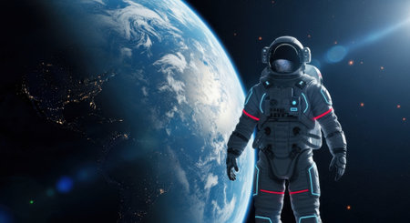 An astronaut in a space suit floats above Earth, illuminated by distant stars. The view highlights natural features of the planet and emphasizes the wonder of space exploration.の素材