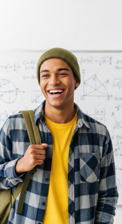 A young man wearing a green beanie and plaid shirt stands in a classroom, smiling brightly. Behind him, mathematical equations cover the whiteboard, showing a lively learning environment.の素材