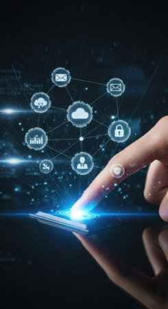 A hand reaching towards a glowing touchscreen displays various technology icons such as cloud storage, messages, and security. The setting suggests a modern digital environment.の素材