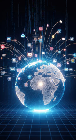 A glowing Earth is surrounded by vibrant social media icons, representing global digital connections. The scene illustrates the power of technology in the modern world.の素材