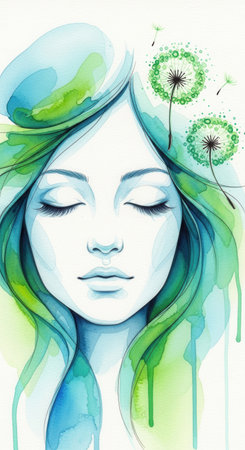 A peaceful woman with closed eyes has flowing green hair adorned with dandelions. The artwork is created in soft watercolor style, evoking tranquility and nature's beauty.の素材