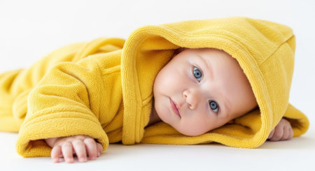 A charming baby lies on a soft surface, wearing a yellow hooded blanket. The baby gazes with big blue eyes, exuding joy and innocence in a peaceful indoor setting.の素材