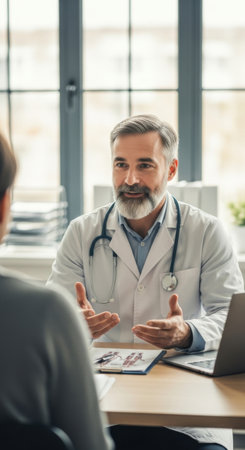 A doctor in a white coat and stethoscope sits at a desk, attentively discussing health concerns with a patient. The office features large windows, creating a calm atmosphere for the visit.の素材