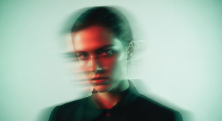 A woman is captured with a motion blur effect that creates a surreal visual. The background features soft lighting, enhancing the artistic atmosphere of the moment.の素材