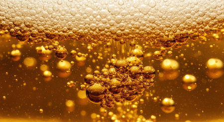 Golden beer fills a glass with bubbles rising to the surface, creating a festive atmosphere in a local bar as the sun sets outside, signaling the end of the day.の素材