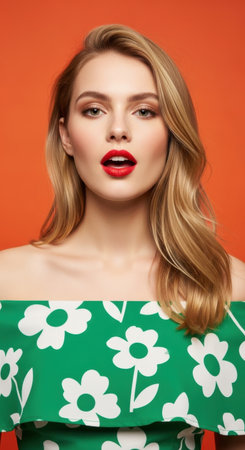 A young woman poses confidently with flowing blonde hair, wearing a green floral dress. Her striking red lips and bright eyes capture attention against a vivid orange backdrop.の素材