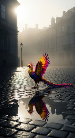 A vibrant mythical bird strolls along a cobblestone street surrounded by fog in a quiet city at dawn. Its colorful feathers reflect in a nearby puddle, adding magic to the scene.の素材