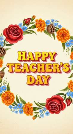 Bright flowers frame a joyful message for Teacher's Day, celebrating educators with vibrant colors and heartfelt gratitude in a cheerful setting.の素材
