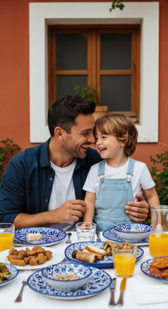 A father and his young son enjoy a joyful moment together at a table filled with delicious food. They share smiles in a bright outdoor setting surrounded by greenery.の素材