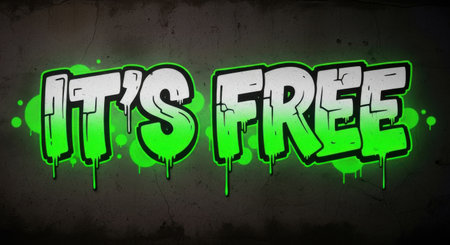 Bright green graffiti displays the words It's Free on a rough concrete wall in a city area. The artwork captures the energy of urban street culture, attracting attention.の素材