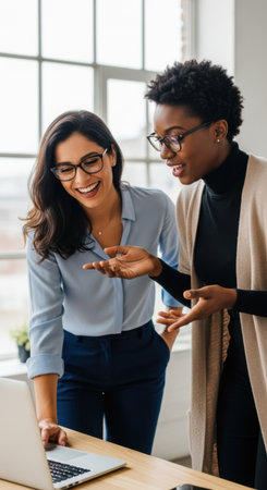 Two women are engaged in a lively conversation while looking at a laptop screen in a bright office. They appear focused and excited about their work, sharing ideas.の素材