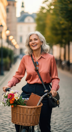 A woman rides her bicycle down a picturesque city street filled with trees and historical buildings. She smiles, holding a basket full of flowers and a notebook.の素材