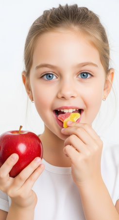 A young girl with blue eyes smiles joyfully while holding a shiny red apple in one hand and colorful candy in the other, radiating happiness and innocence.の素材