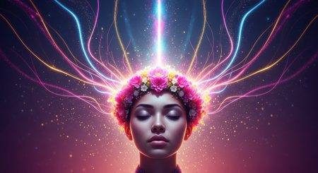 A woman stands still with her eyes closed, wearing a crown of flowers. Radiant lights and colors extend from her head, creating a dreamy and surreal atmosphere at night.の素材