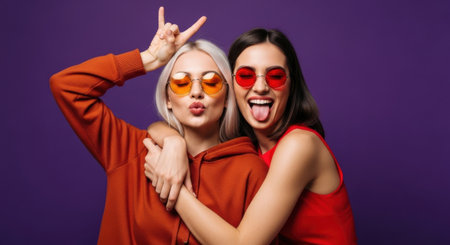 Two friends stand close, smiling and making playful faces. One wears an orange hoodie while the other is in a red top. They have matching colorful sunglasses and a fun atmosphere surrounds them.の素材