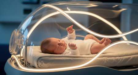 A newborn baby rests in a clear incubator with soft lighting, moving gently in a hospital room. The calm atmosphere supports the baby's early development.の素材