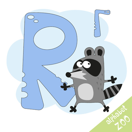letter R and funny cute raccoon. Children's alphabet in cartoon style, illustration.のイラスト素材