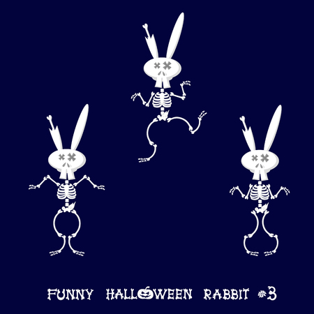 Cute and funny skeleton rabbit in different poses: activity, dance, yoga or gymnastic. Drawing in cartoon style isolated on dark blue background. Set of design elements. Vector illustrationのイラスト素材