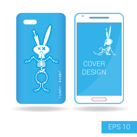 Concept design cover mobile smartphone with dancing funny rabbit skeleton in cartoon style isolated on white background. Vector illustrationのイラスト素材