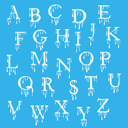 Drip paint alphabet. Set of white letters in cartoon style isolated on blue background. Vector illustrationのイラスト素材
