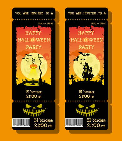 Set of Halloween ticket or flyer on holiday party with pumpkin, scary trees, moon and monster bats on orange gradient background. Letters from bones. Cartoon style. Vector illustrationのイラスト素材