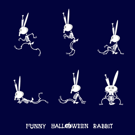 Set of halloween design elements: cute rabbit skeleton in cartoon style - running, sitting or lying in funny poses isolated on dark blue background. Vector illustrationのイラスト素材