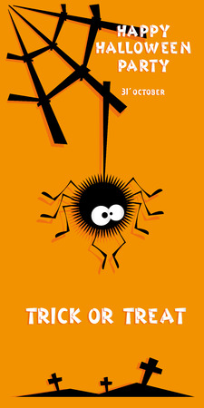 Holiday background. Title Happy Halloween party Trick or Treat and spider, crosses. Concept for design banner, flyer, poster. Vector illustration in flat or kids paper applique styleのイラスト素材