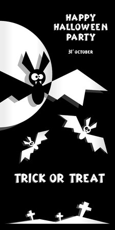 Holiday background. Title Happy Halloween party Trick or Treat and bats, crosses. Concept for design banner, flyer, poster. Vector illustration in flat or kids paper applique styleのイラスト素材