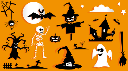Set of funny halloween symbol. Pumpkin, scarecrow, ghost, bat, tree, spider, crosses, witch hat, broom, skeleton, moon isolated on orange background. Vector in flat or kids paper applique styleのイラスト素材