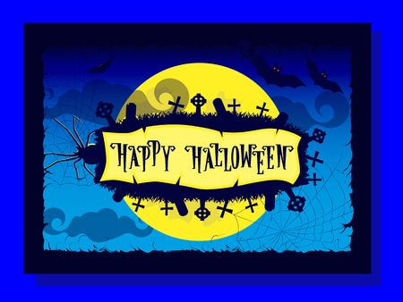 Happy halloween background with retro lettering, monster spider, web, silhouette cemetery with graves backdrop on big moon and scary bats on dark sky background. Cartoon style. Vector illustrationのイラスト素材