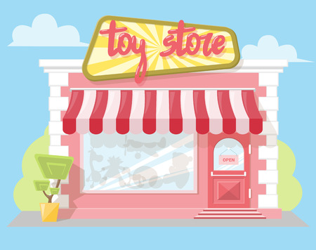 Facade toy store with a signboard, awning and playthings in shopwindow. Abstract image in a flat design. Front shop for Concept brochure or banner. Vector illustration isolated on blue backgroundのイラスト素材