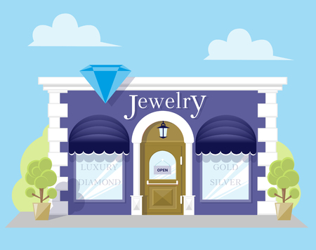 Facade jewelry store with a signboard, awning and silhouettes title in shopwindow. Image in a flat design. Front shop for Concept brochure or banner. Vector illustration isolated on blue backgroundのイラスト素材