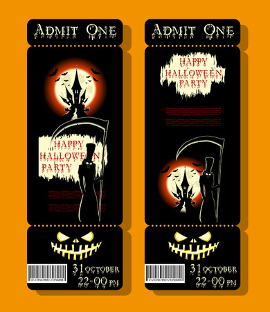 Set of Happy Halloween ticket or flyer on holiday party with figure death, pumpkin, scary castle and monster bats on dramatic moon background. Bloody letters. Cartoon style. Vector illustrationのイラスト素材