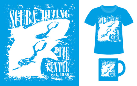 Pattern design concept for printing on T-shirts or souvenirs: title Scuba diving. Dive center and figure diver on shark silhouette background. Vintage style hand drawn. Vector illustrationのイラスト素材
