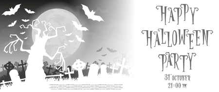 Halloween background. Silhouette scary monsters trees on old cemetery backdrop moon, bats and graves. Concept for banner, poster, flyer, cards or invites on party. Cartoon style. Vector illustrationのイラスト素材
