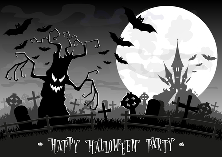Halloween background. Monsters trees on old cemetery backdrop on scary castle, moon, bats and graves. Concept for banner, poster, flyer, cards or invites on party. Cartoon style. Vector illustrationのイラスト素材