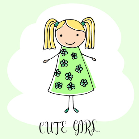 Cute little girl. Hand drawing in funny kids style. Design element for decoration souvenirs, cards, poster, banner.のイラスト素材