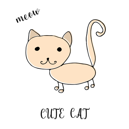 Childrens drawing a cute cat. The template for the painting. Hand drawn in a funny kids style. Cartoon. Doodles. Vector illustration isolated on white background.のイラスト素材